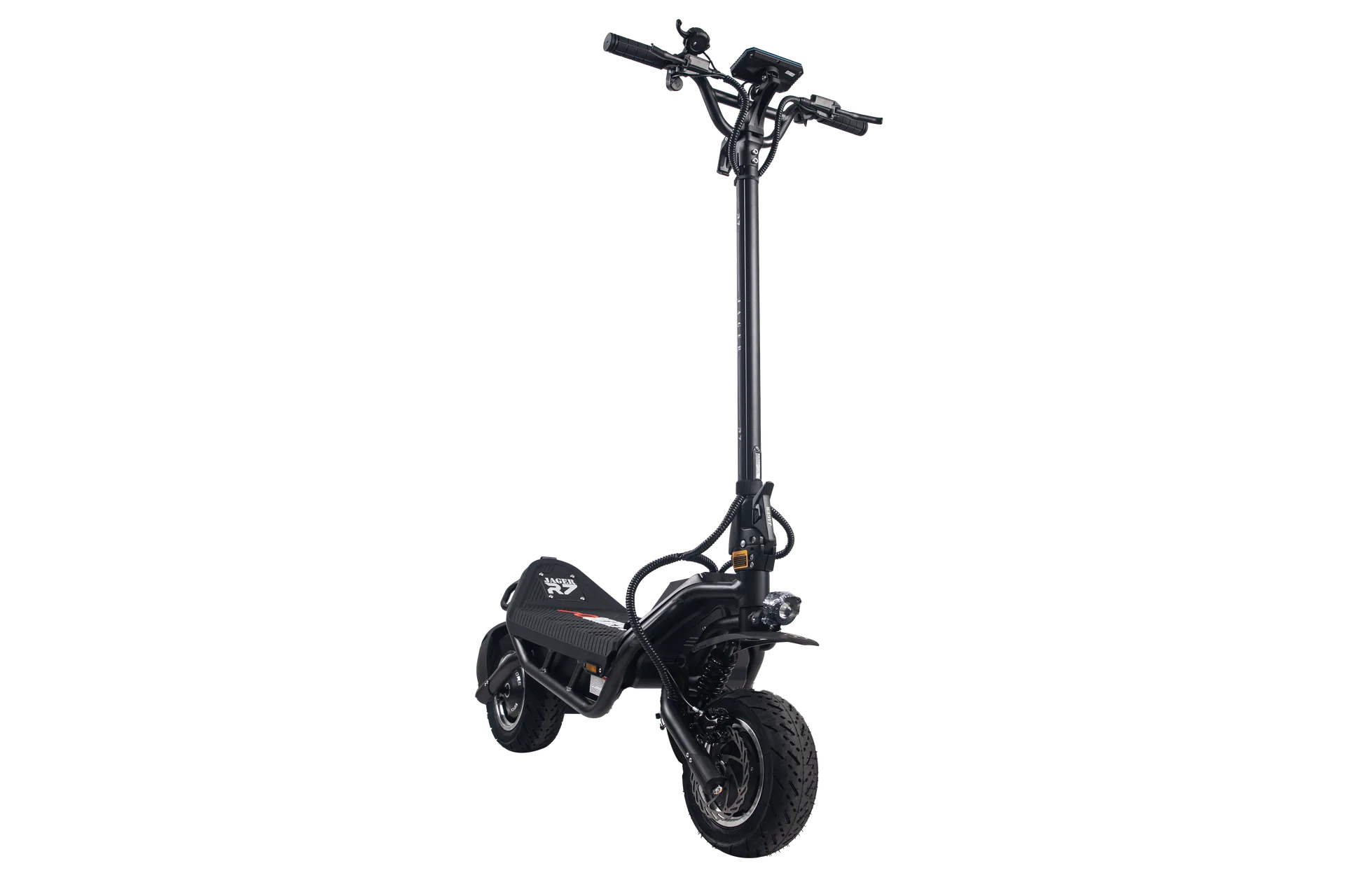 Miniatura: Patineta eléctrica Jager R7 Black, vista frontal en ángulo con faro delantero